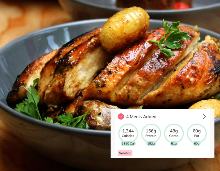 image of a meal and a screenshot of a full day of calories and macronutrients logged in a fitness app.