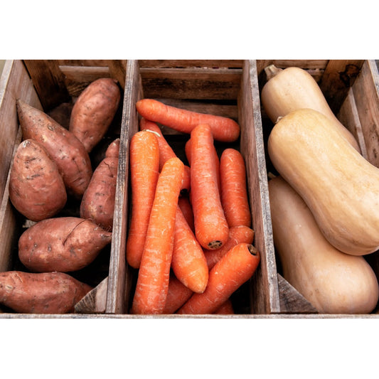 Sweet Potatoes, Carrots and Squash in bins. 