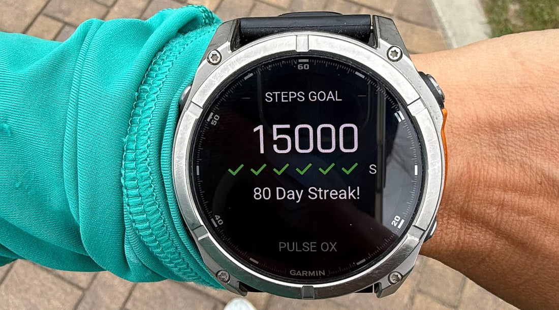 Image of a Garmin watch showing a 15,000 step goal 80 day streak.