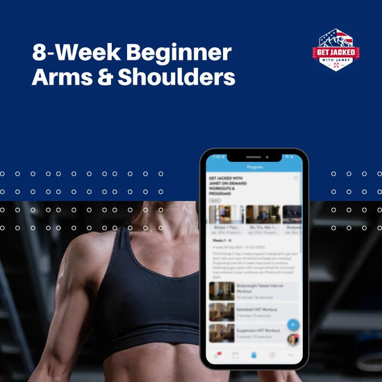 Person in workout attire with a phone showing a fitness app on a blue background