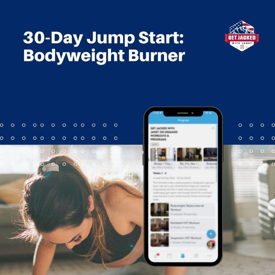 Woman doing push-ups with a phone showing a fitness app on a blue background