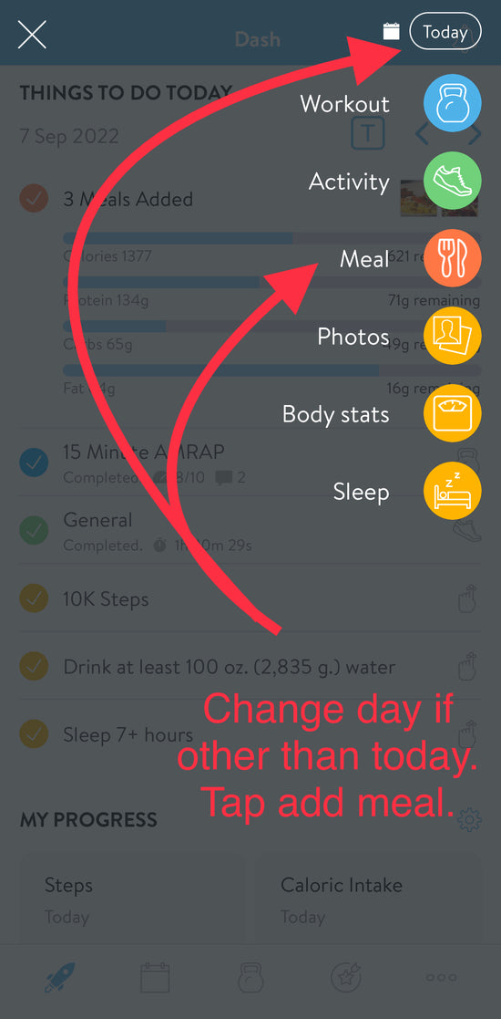 Logging meals in the mobile app