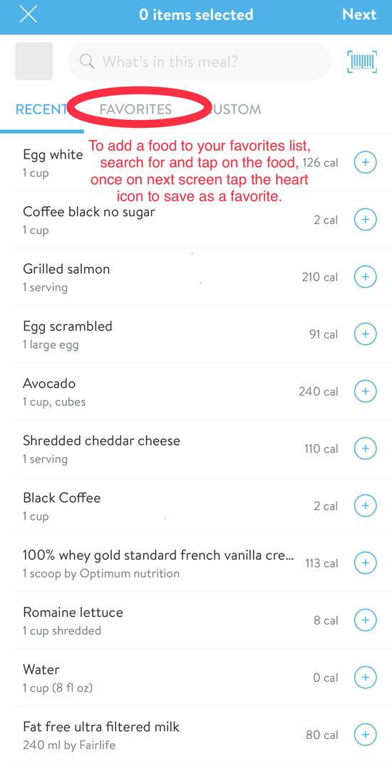 Logging meals in the mobile app