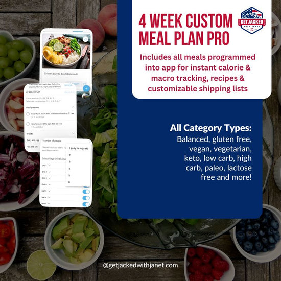 4 week Custom Meal Plan Pro. Includes all meals programmed into app for instant calorie & macro tracking, recipes & customizable shipping lists. All Category Types: Balanced, gluten free, vegan, vegetarian, keto, low carb, high carb, paleo, lactose free and more!