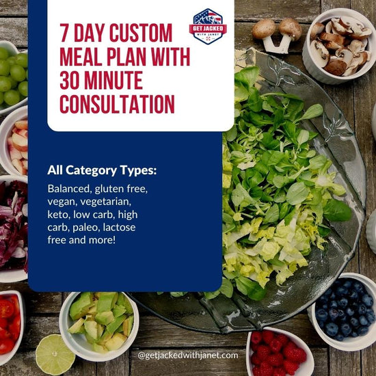 7 day custom meal plan with 30 minute consultation. All Category Types: Balanced, gluten free, vegan, vegetarian, keto, low carb, high carb, paleo, lactose free and more!