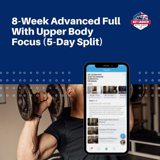 Person lifting weights with a phone showing a fitness app on a blue background