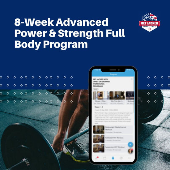 Advertisement for 8-Week Advanced Power & Strength Full Body Program with a smartphone displaying a fitness app and a person lifting weights.