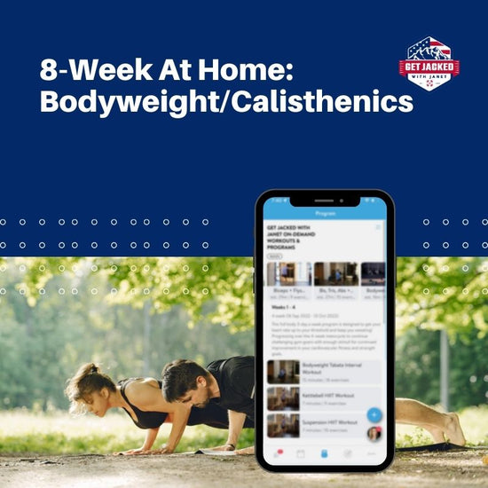 Two people doing push-ups outdoors with a smartphone displaying a fitness app on a blue background.