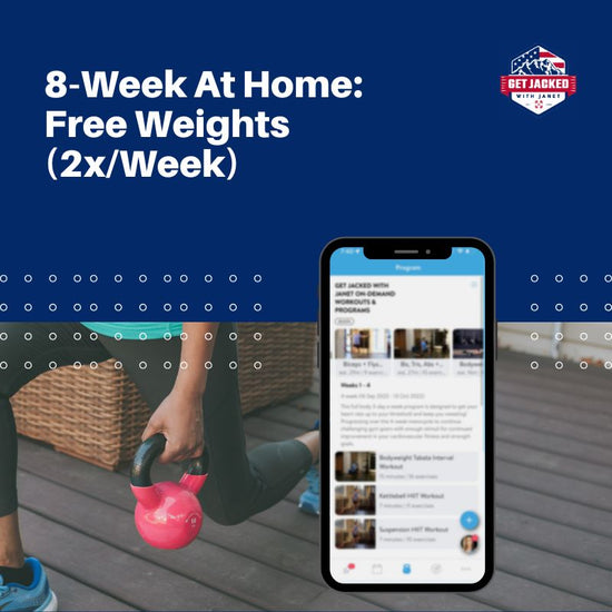 Person holding a pink kettlebell with a phone showing a fitness app on a blue background