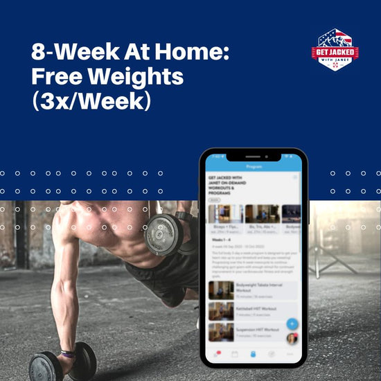 Person exercising with weights and a phone displaying a fitness app on a blue background.