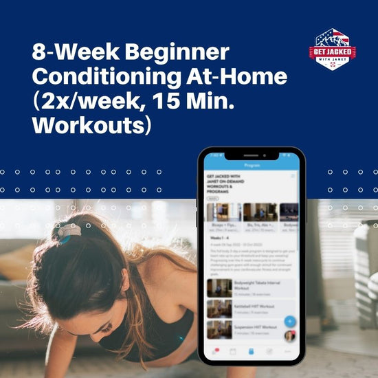 Woman exercising with a phone showing a fitness app on a blue background with text about a 8-Week Beginner Conditioning At-Home program.