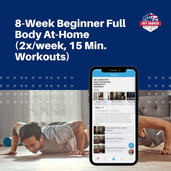 Advertisement for a 8-Week Beginner Full Body At-Home workout program with a smartphone displaying an app interface.