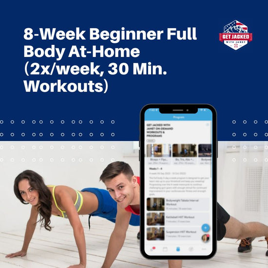 Advertisement for a 8-Week Beginner Full Body At-Home workout program with a smartphone displaying the app interface.