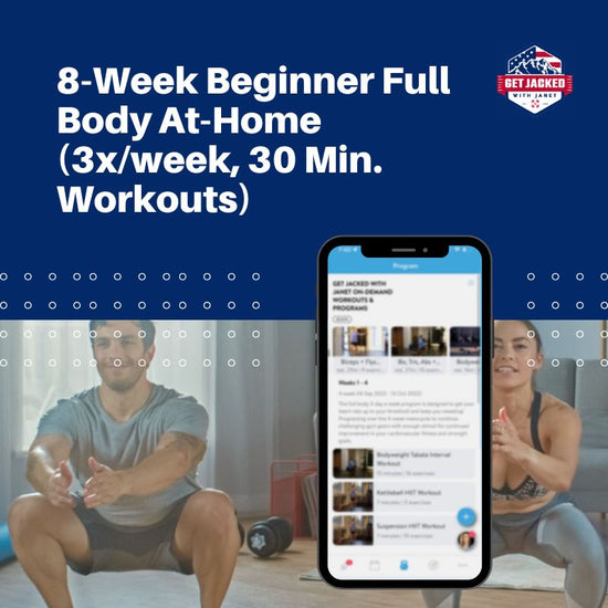 Advertisement for a 8-Week Beginner Full Body At-Home workout program with a smartphone displaying workout app.