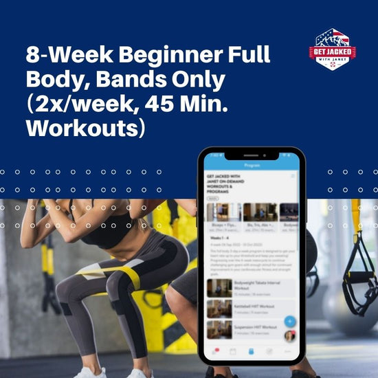 Person exercising with resistance bands and a smartphone displaying a fitness app on a blue background.