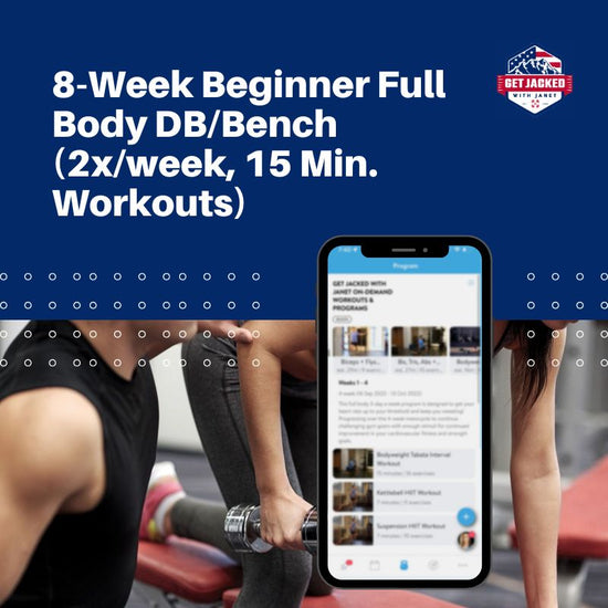 Person using dumbbells with a phone showing a fitness app on a blue background, featuring text about a 8-Week Beginner Full Body DB/Bench workout program.