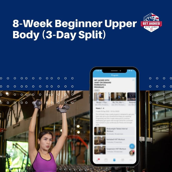 Woman exercising with dumbbells in a gym, phone displaying workout app on screen.