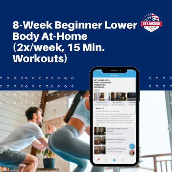 Advertisement for a 8-Week Beginner Lower Body At-Home workout program with a phone screen showing workout videos.