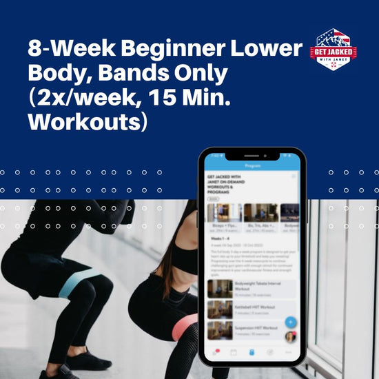 Advertisement for a 8-Week Beginner Lower Body workout program with a smartphone displaying a fitness app.