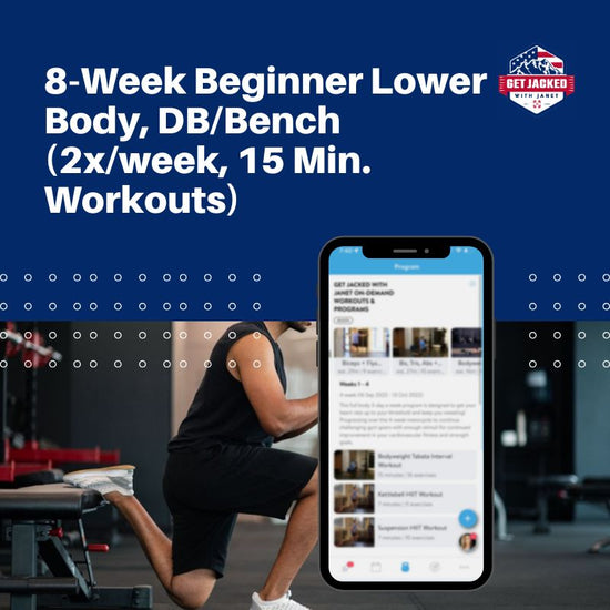 Person exercising with a phone displaying a workout app on a blue background with text about a 8-Week Beginner Lower Body DB/Bench workout program.