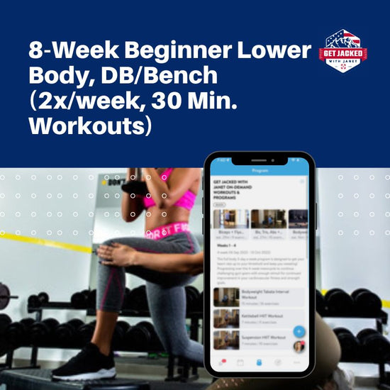 Advertisement for a 8-Week Beginner Lower Body Workout program with a phone screen and gym background.