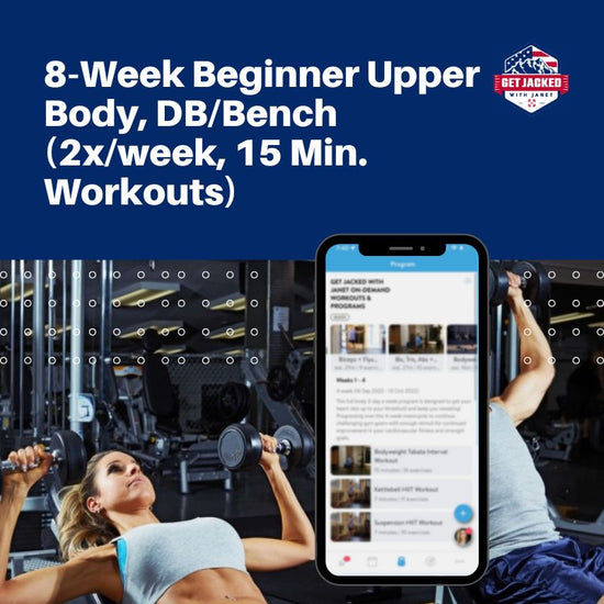 Woman lifting weights with a phone showing a fitness app on a gym background