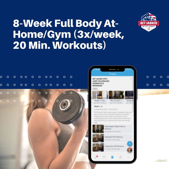 Advertisement for a 8-Week Full Body At-Home/Gym program with a phone displaying workout app on a blue background.