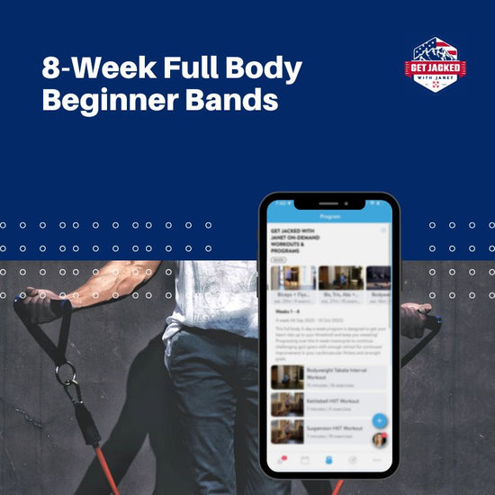 Phone screen showing a fitness app with text '8-Week Full Body Beginner Bands' and a person using resistance bands.