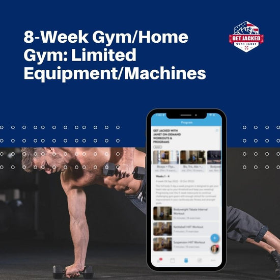 Person exercising with dumbbells on a blue background with text about an 8-week gym/home gym program.