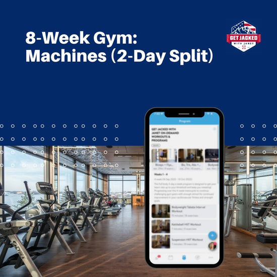 Gym interior with exercise machines and a smartphone displaying a fitness app on a blue background.