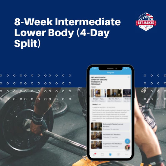 Phone screen showing a fitness app with a person lifting weights in the background, on a blue background with text about an 8-week intermediate lower body workout program.
