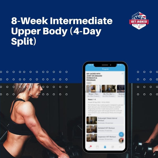 Woman working out with a phone displaying a fitness app on a blue background