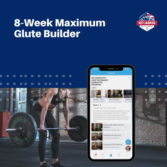 Person lifting weights with a smartphone displaying a fitness app on a blue background