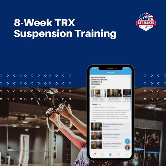 8-Week TRX Suspension Training program with smartphone app on a blue background