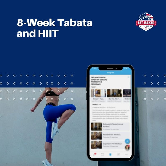 Person exercising with a smartphone displaying a fitness app on a blue background