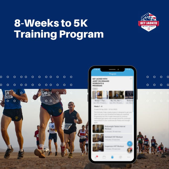 8-Weeks to 5K Training Program with runners and smartphone displaying app interface on a blue background