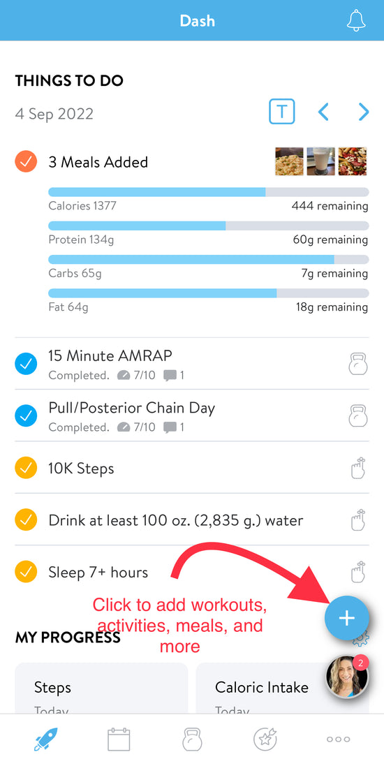Screenshot of adding meals and workouts and other activities on the app dashboard