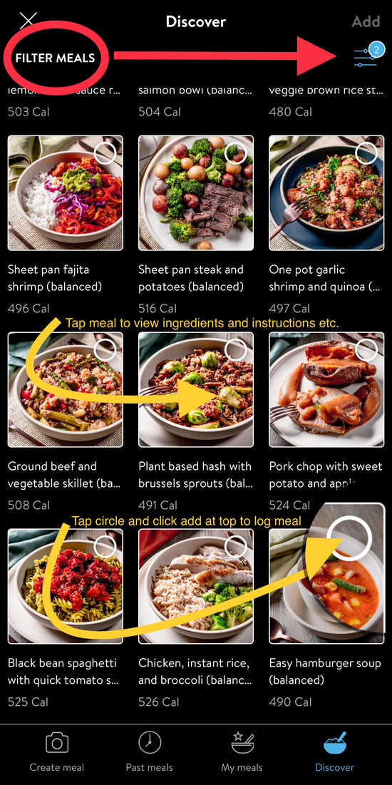 searching meals in the app