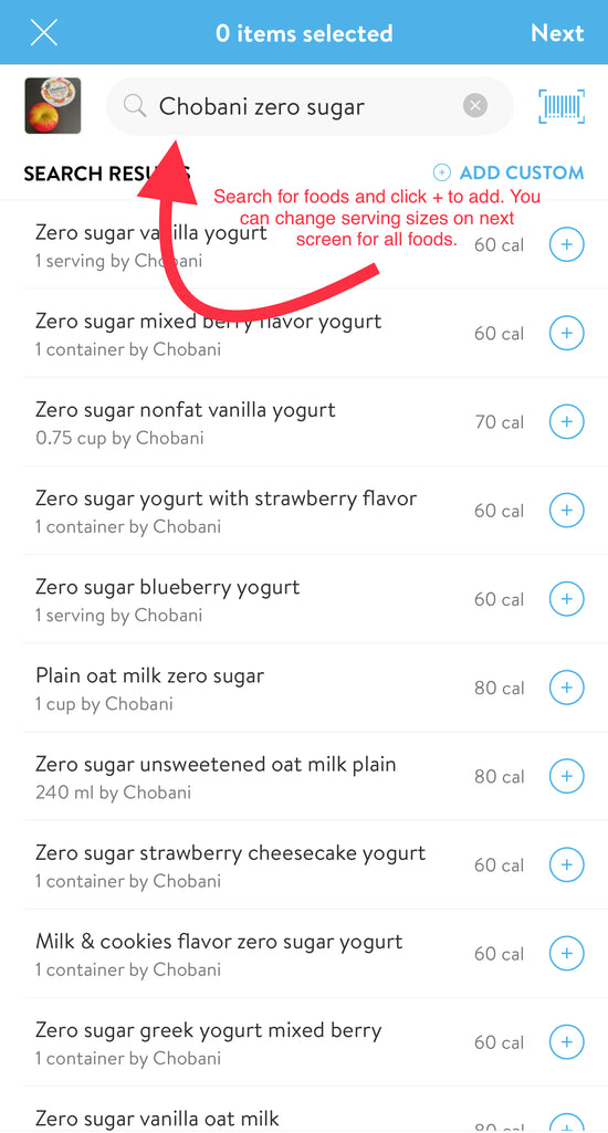 Logging meals in the mobile app