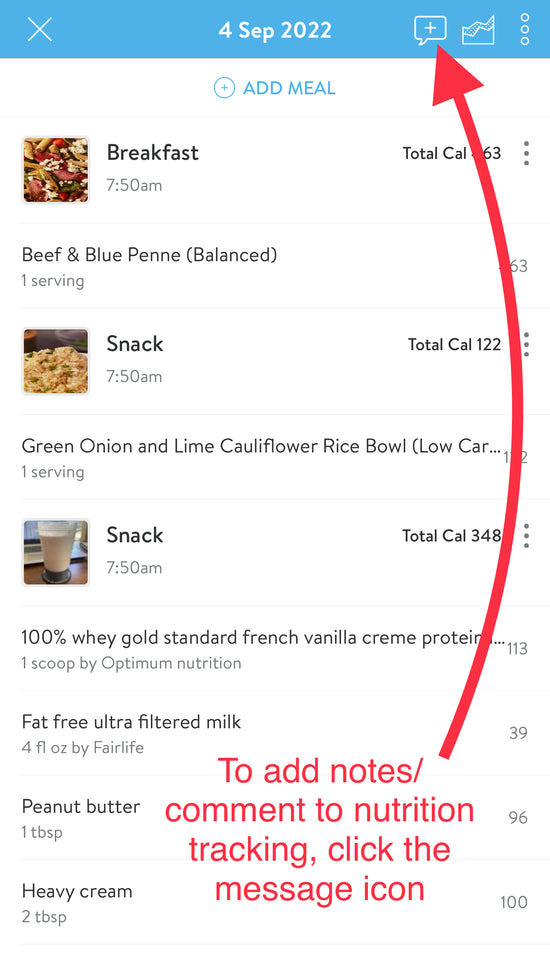 Logging meals in the mobile app