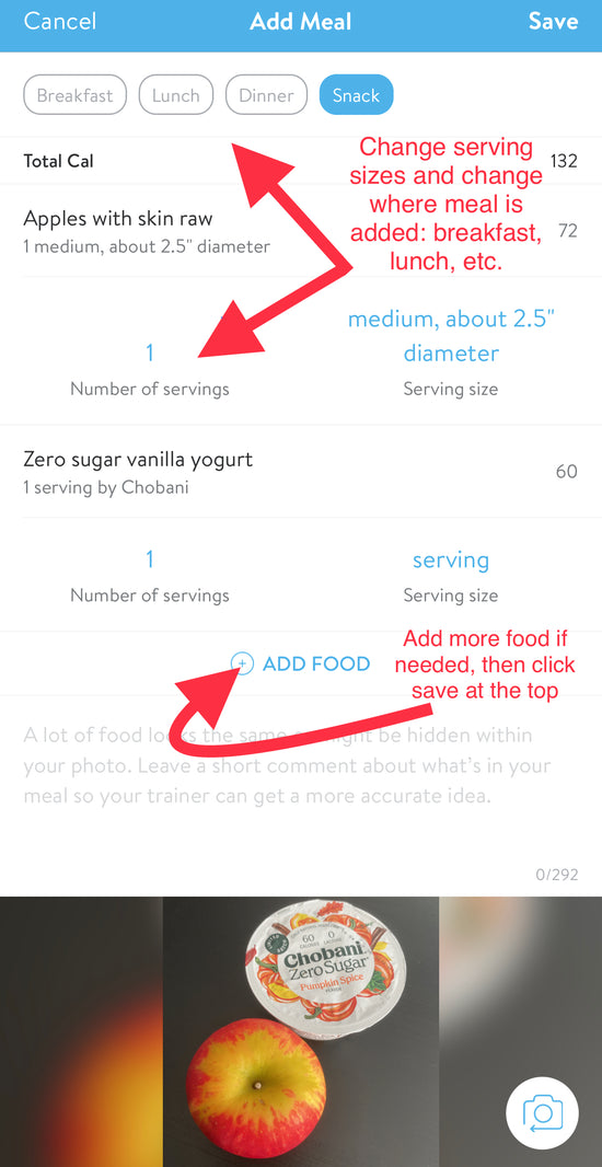 Logging meals in the mobile app