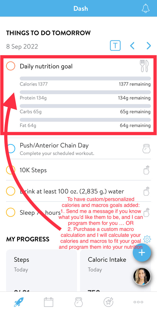 a screenshot showing daily nutritional goals on the app dashboard