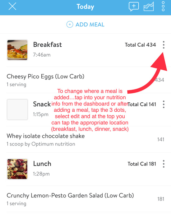 Logging meals in the mobile app