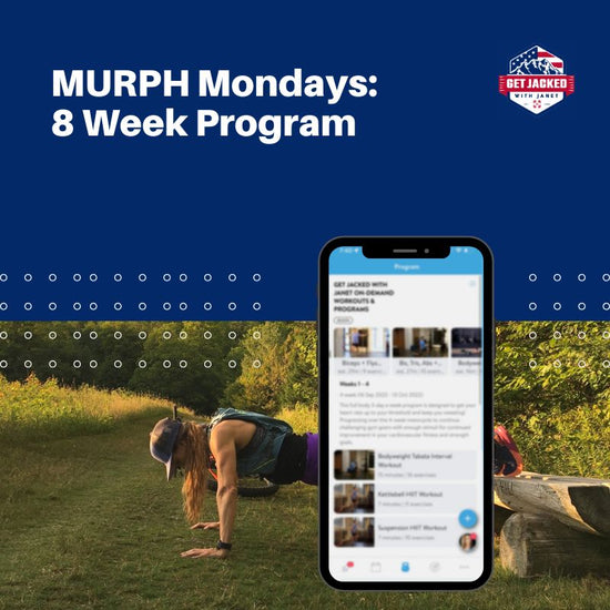 Person doing push-ups in a field with a phone displaying a program on a blue background