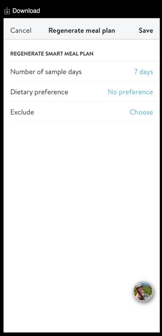 Screenshot showing the meal plan options when regenerating