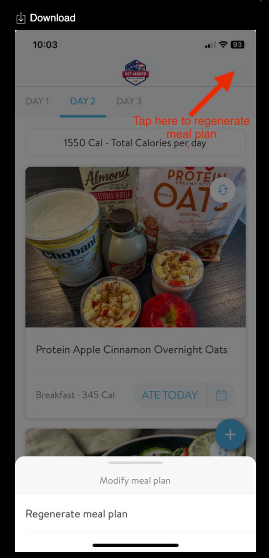 Screenshot of regenerating a smart meal plan in the app