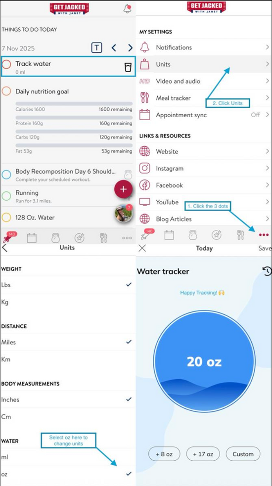 Health and fitness app interface with water tracker and settings menu.