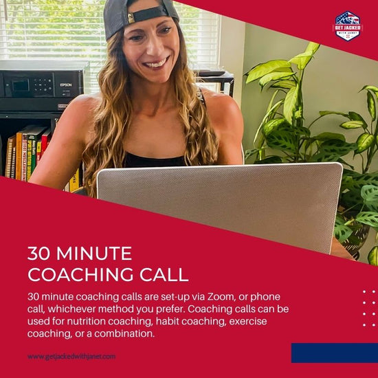 30 minute coaching call. 30 minute coaching calls are set-up via Zoom, or phone call, whichever method you prefer. Coaching calls can be used for nutrition coaching, habit coaching, exercise coaching, or a combination.